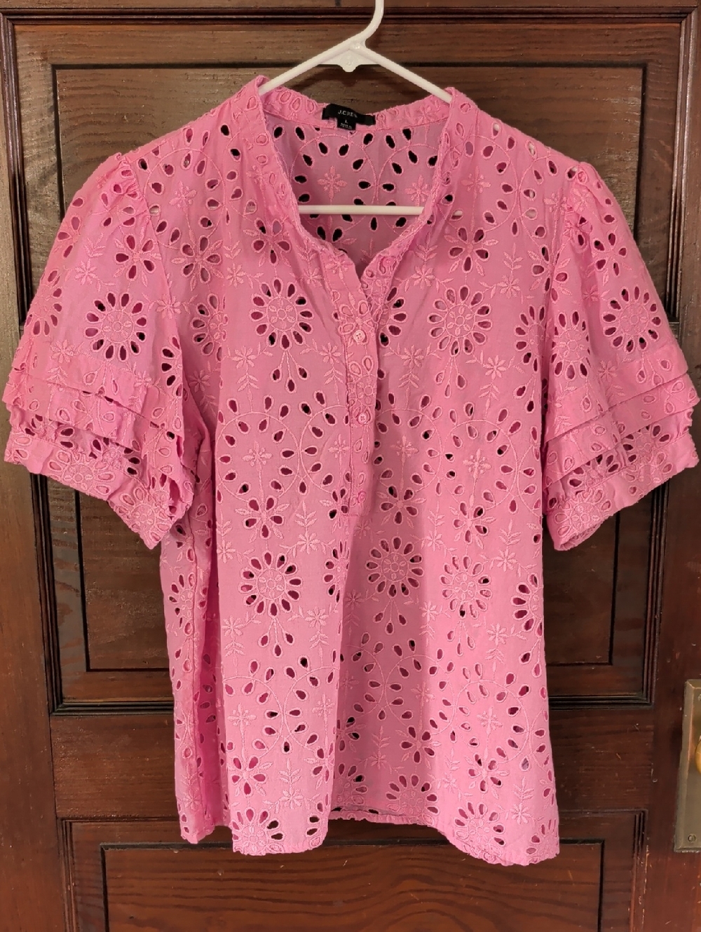 J. Crew Pink Split-Neck Embroidered Eyelet Short Puff Sleeve Blouse - Picture 2 of 10